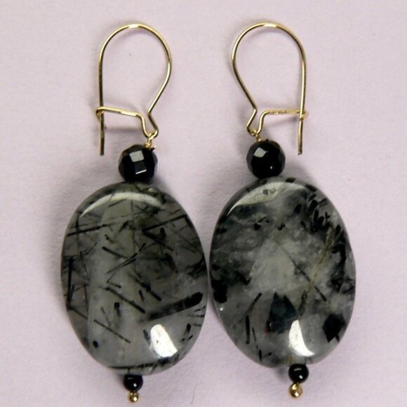 14KY GOLD Tourmalated Quartz & Black ONYX Earrings - Picture 4 of 6
